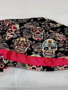 Colorful Sugar Skull Bouffant Scrub Cap with Hot Pink Trim
